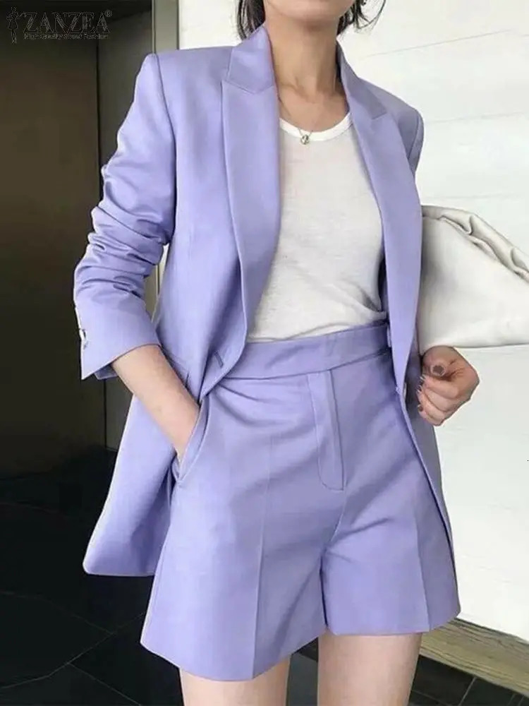 ZANZEA Long Sleeve Blazer And Short Pant Autumn Pure Cotton Short Sets Women Solid Work OL Tracksuits Stylish Elegant Suit 240311