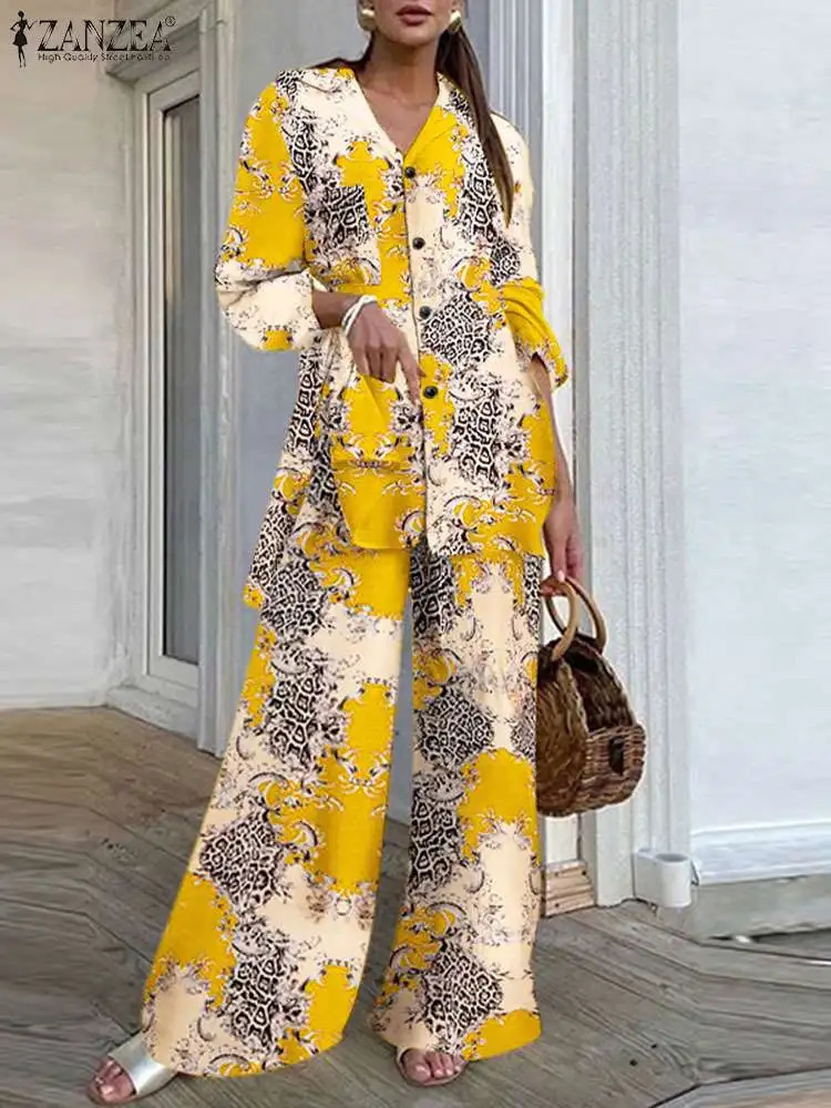 ZANZEA Printing Wide Leg Trousers Outfits Women Fashion Top and Pant 2pcs Pant Sets Long Sleeve Long Shirts Casual Tracksuits 240305