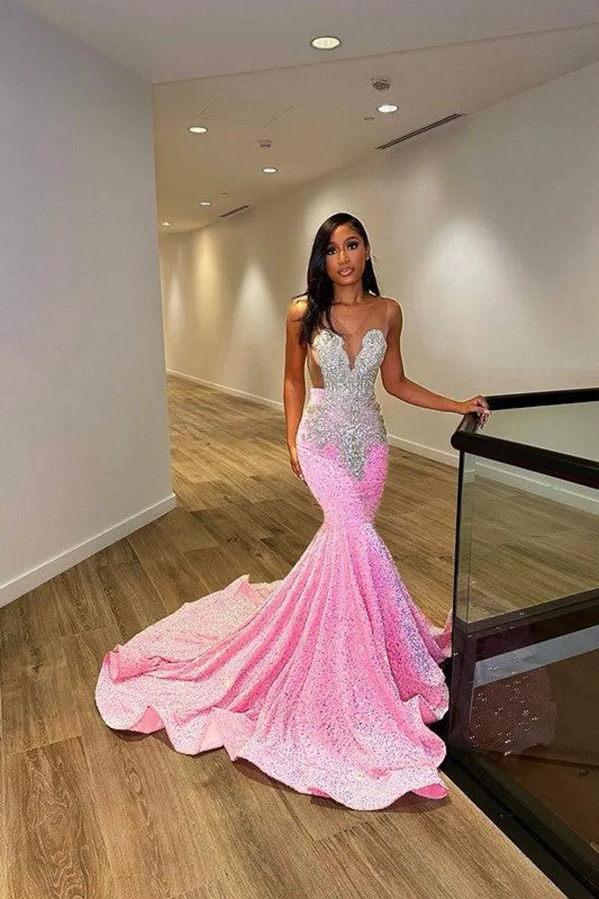New Arabic Dubai Pink Prom Dresses Sexy Sheer Jewel Neck Mermaid Sequins Beads Long Evening Gowns Vestidos De Bal For Black Girls Bc18393