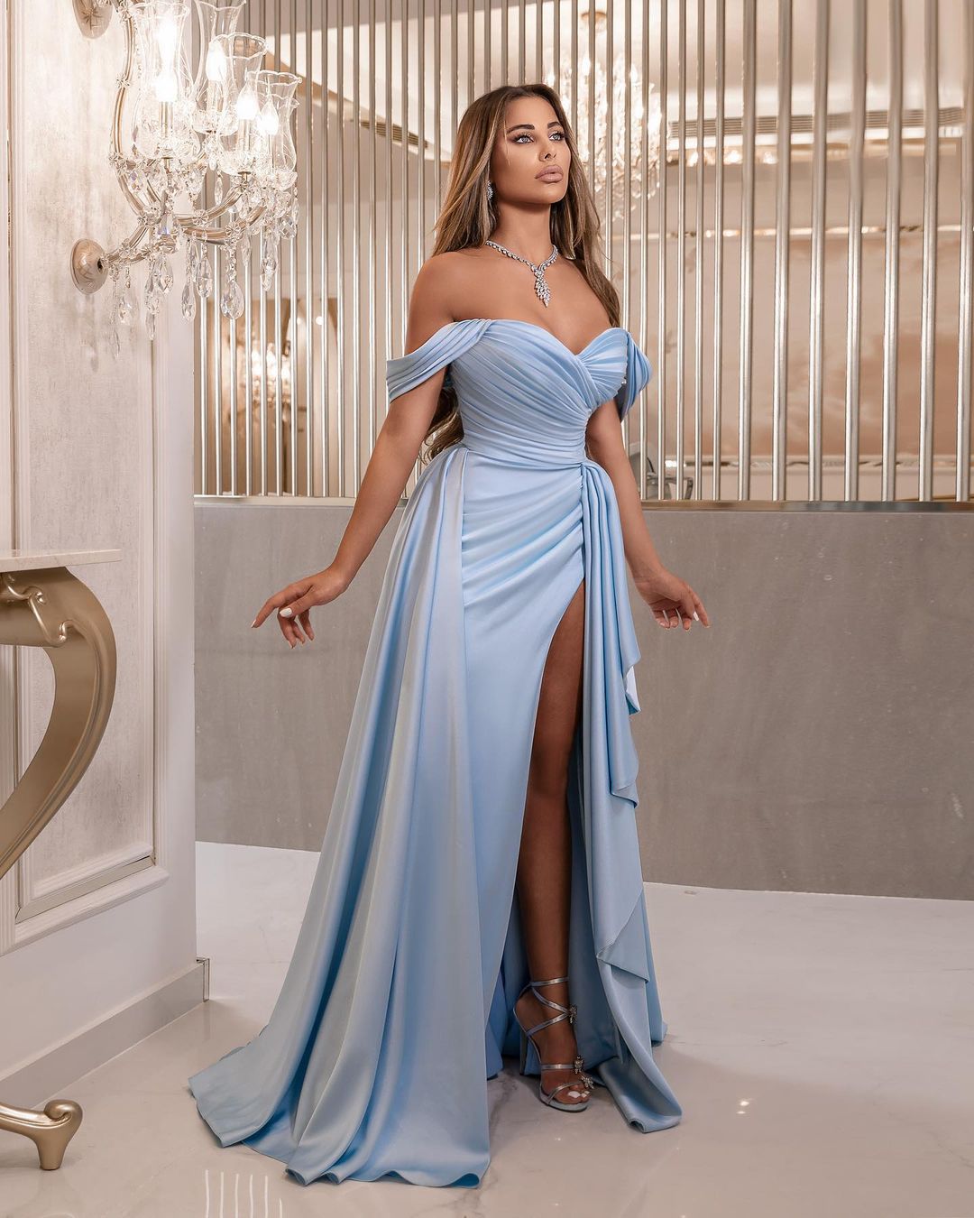 Rami Salamoun Blue Evening Elegant Off Shoulder Pleats Prom Dress Overskirts Dresses For Special Ocns Thigh Split Promdress 0515