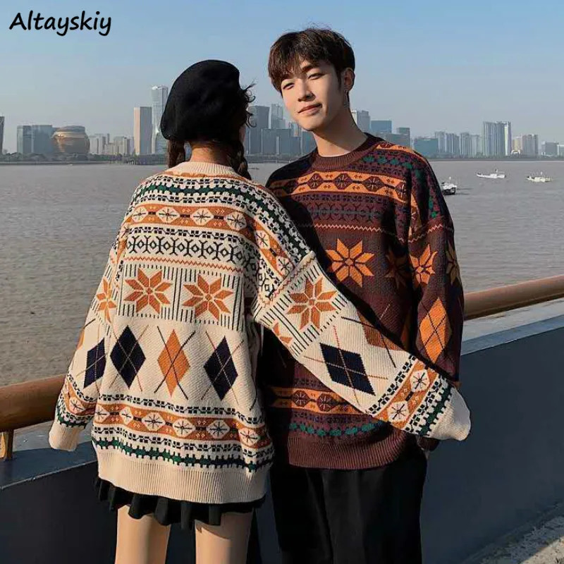 Sweater Christmas Warm Knitted Long Sleeve Autumn Pullovers Couple Chic Patchwork ONeck College Japanese Style Ins 240228
