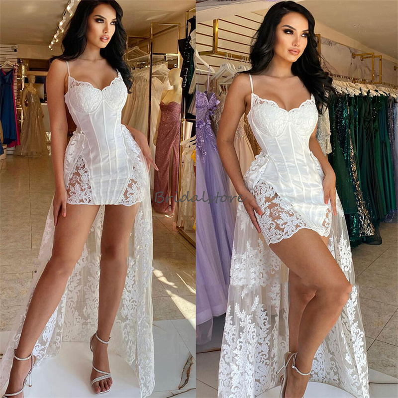 Chic Short Boho Wedding Dress With Detachable Train Sexy Spaghetti Straps Beach Bohemian 2 In 1 Bridal Dress Lace Gatsby Bride vestidos novias boda 20