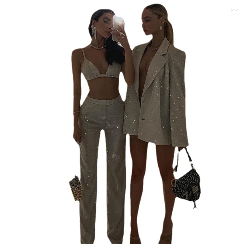 Womens Two Piece Pants European And American Instagram Style Camisole Vest Slim Fit Straight Leg High Waisted Sexy Sequin Jacket Suit