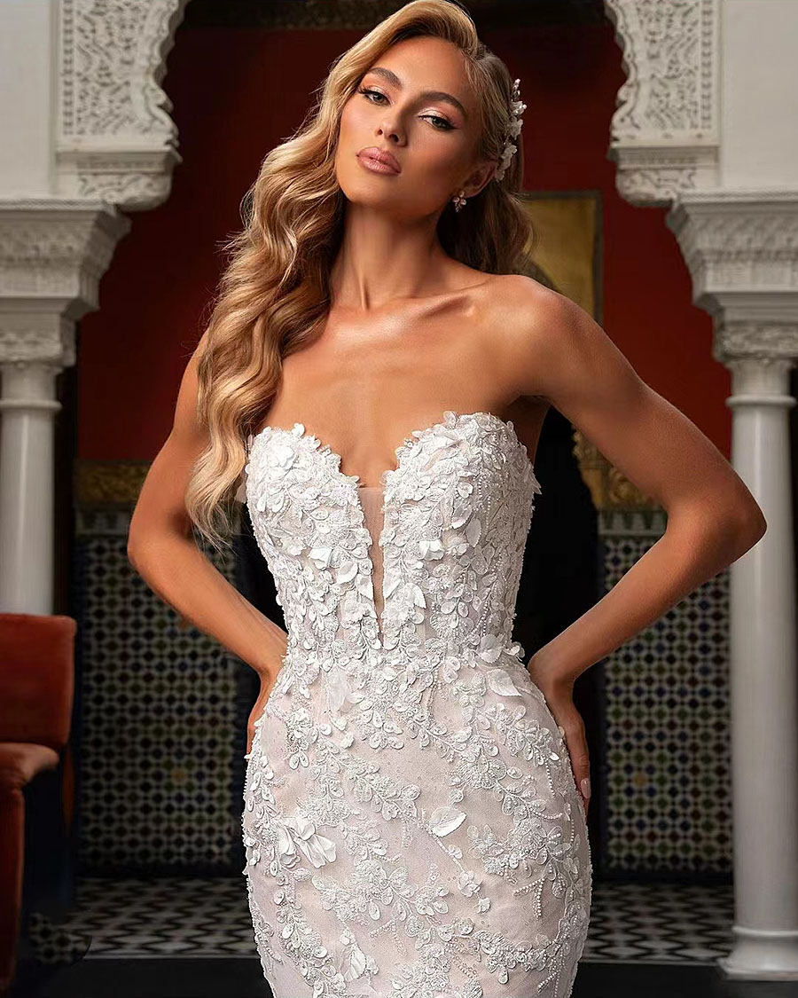 Mermaid Dress Wedding Princess Zipper Exquisite Appliques Strapless Sleeveless Lace Mopping Gown Vestido De Novia