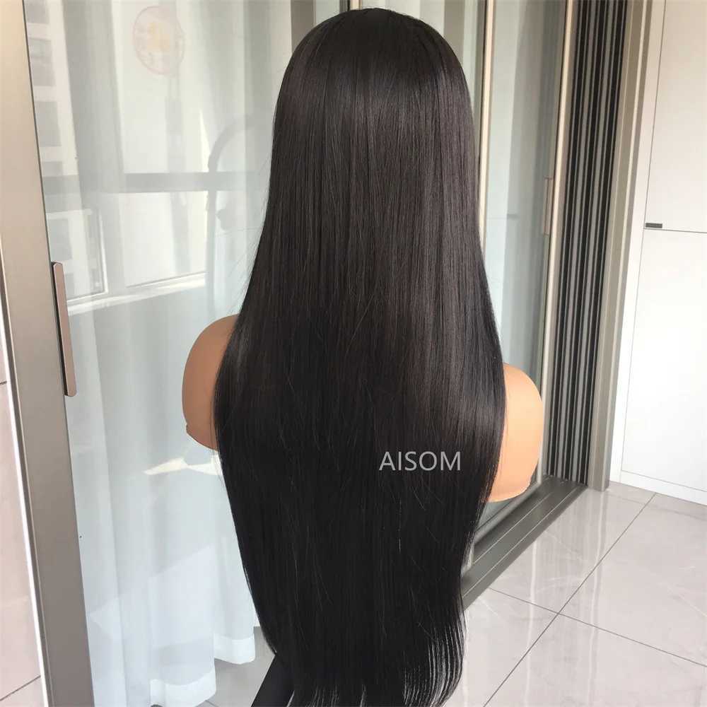 Frontal Straight Wigs For Women Synthetic Mix Human Hair 13X4 Lace Front Black 99J Preplucked Glueless Fiber Wig 240328 240327