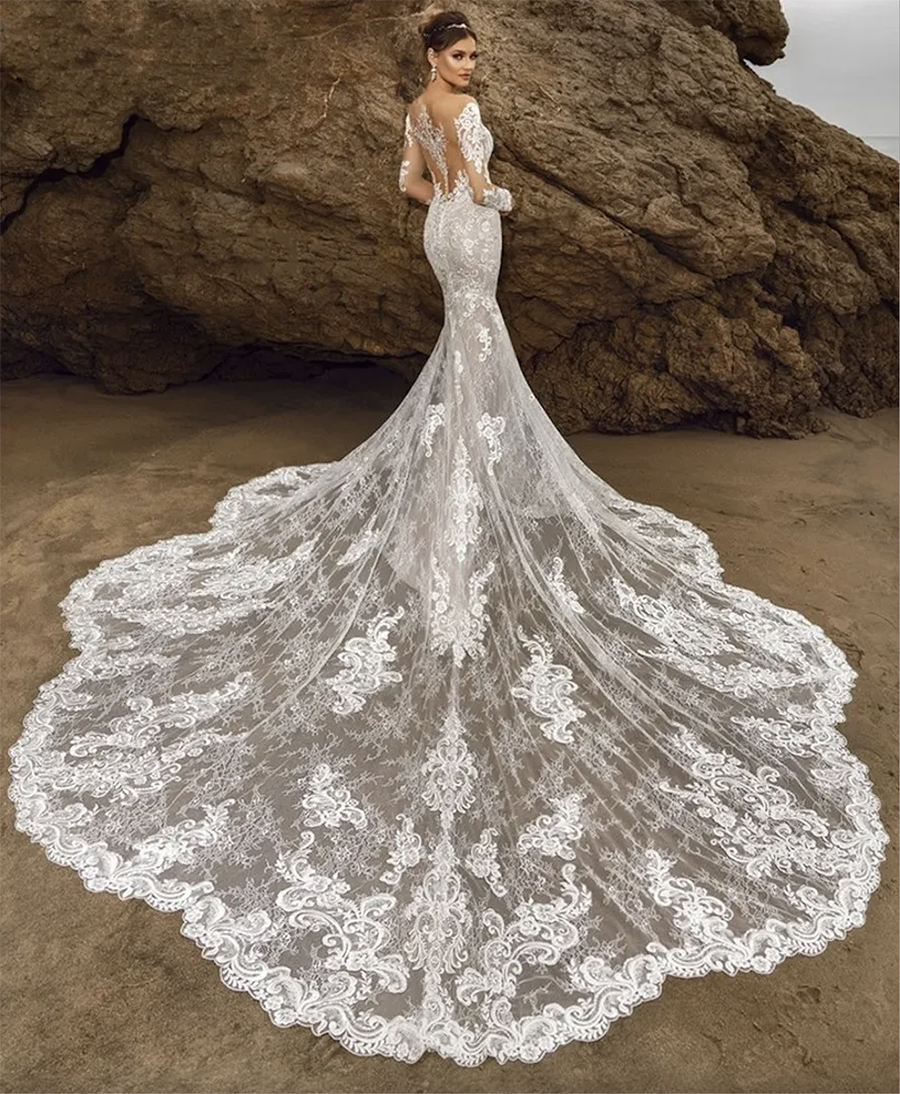 Newest Illusion Wedding Dress Mermaid Lace Deep V-Neck Neck Full Sleeves Chapel Train Plus Size Bride Gown 2024 Vestidos De Novia Mariage 0509