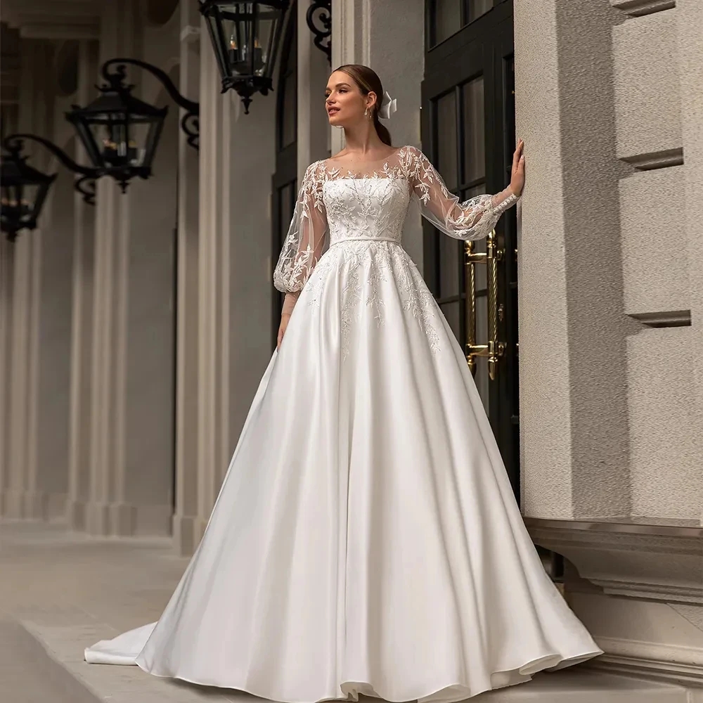 Classic Satin Wedding Dress 2024 Women O-Neck Full Sleeves Embroidery Lace Bride Gowns Vestidos De Novias Robe De Mariage