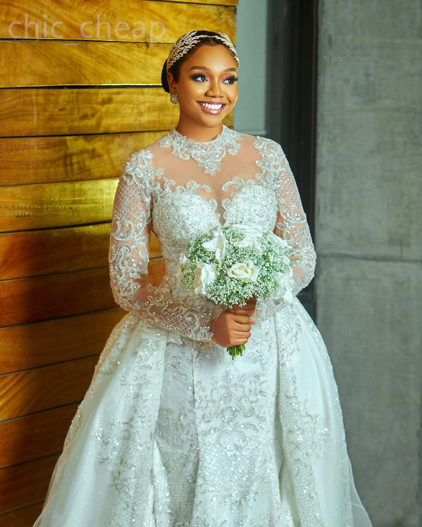 2024 Arabic Aso Ebi Plus Size Ivory Mermaid Lace Wedding Dress Sequined Detachable Train Bridal Gowns Dresses ZJ044