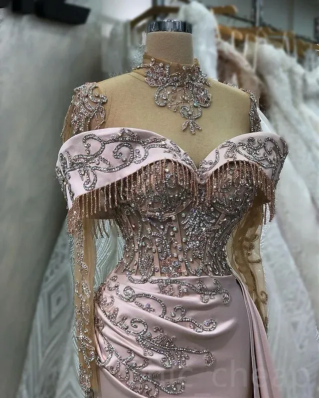 Aso Ebi Champagne Mermaid Prom Beaded Crystals Lace Evening Formal Party Second Reception Birthday Engagement Gowns Dress Robe De Soiree