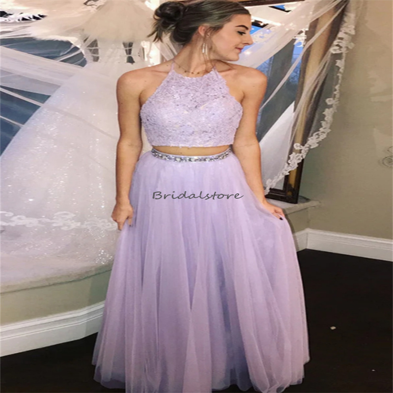 Lilac Two Pieces Prom Dresses 2024 Sexy Halter Backless Boho Lace Evening Dress Elegant Birthday Formal Party Dress Flowy Violet Dress Vestios De Fies