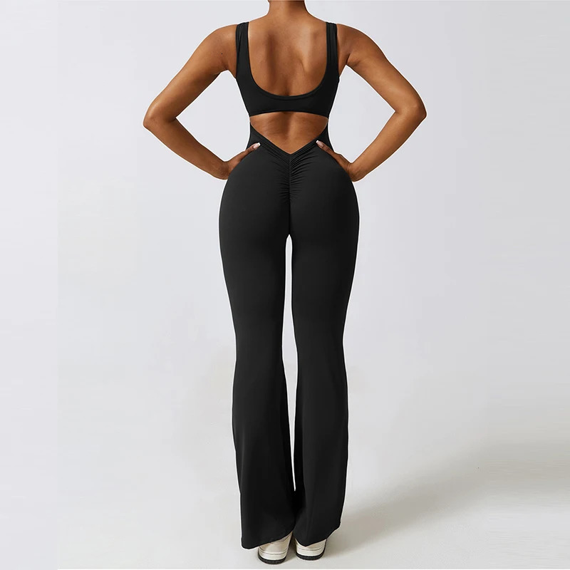 V Back Scrunch Gym Set Women Sport OnePiece Suit Yoga Flared Pants Sports Jumpsuit Fitness Rompers Workout Bodysuits 240307
