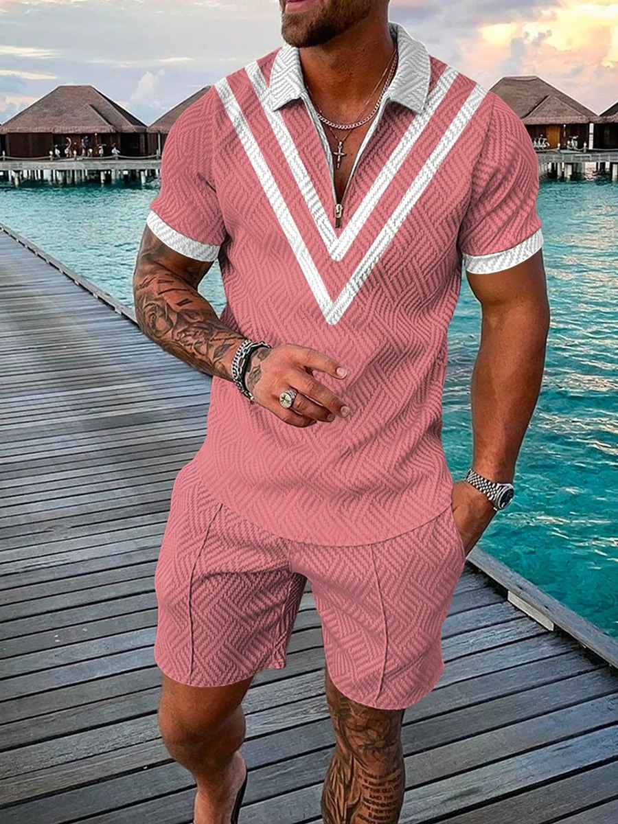 Simple Color Pattern Print Mens Tracksuit Summer Casual Zipper Collar Polo Shirt And Shorts 2pcs Sets Trend Clothing Streetwear 240315