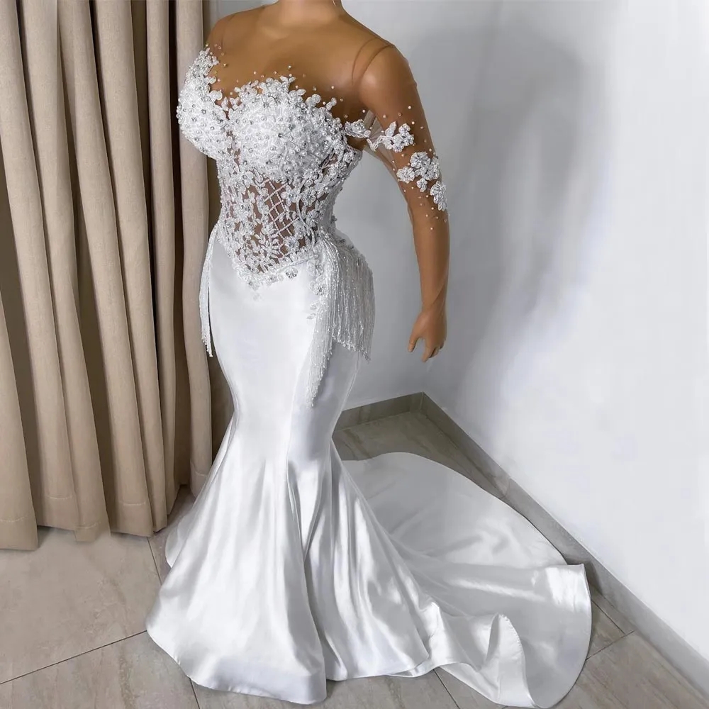 Elegant White Mermaid Lace Wedding Dresses Pearls With Tassels Long Sleeves Appliqued Bridal Party Gowns Vestido De Novia 0431