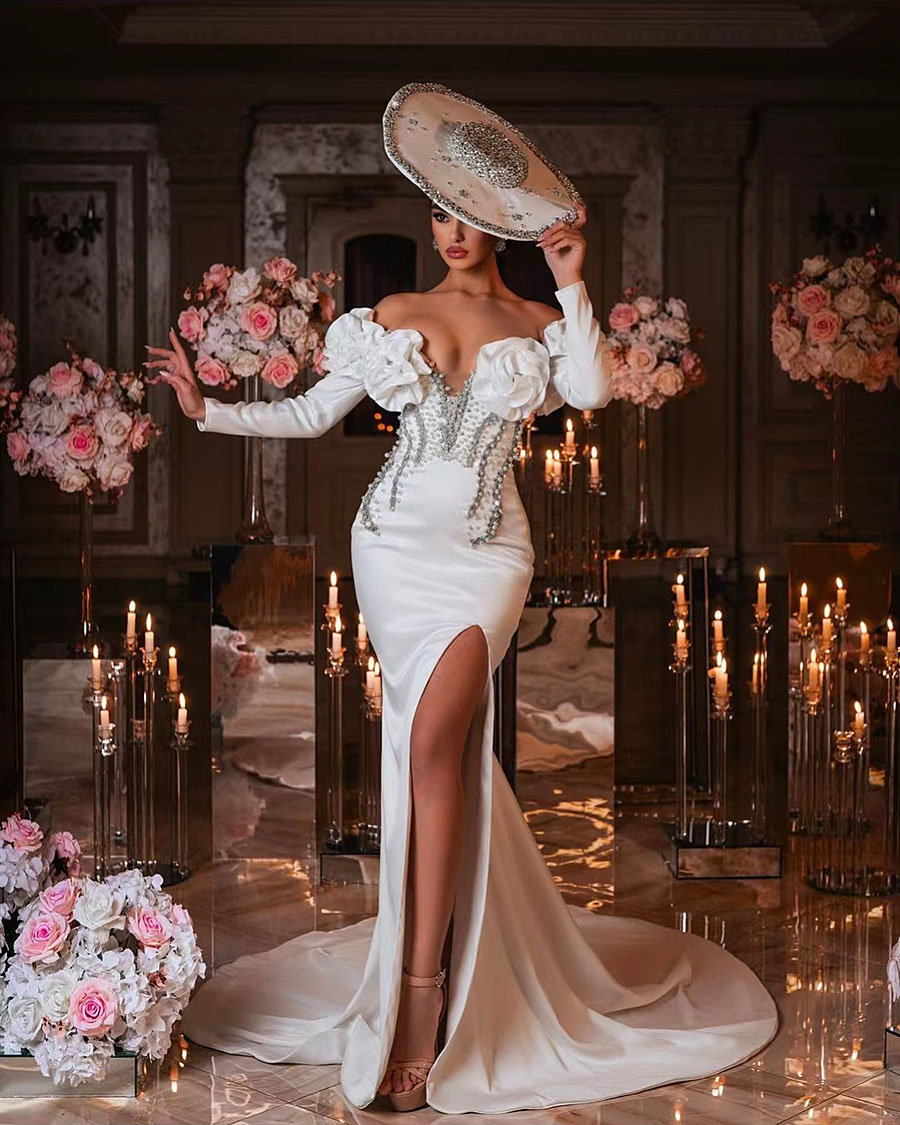 Sleeves Sexy Long Mermaid Wedding Dresses Sheer Neck Plus Size Beaded High Gowns Side Split Aso Ebi Women Vestidos De Novia