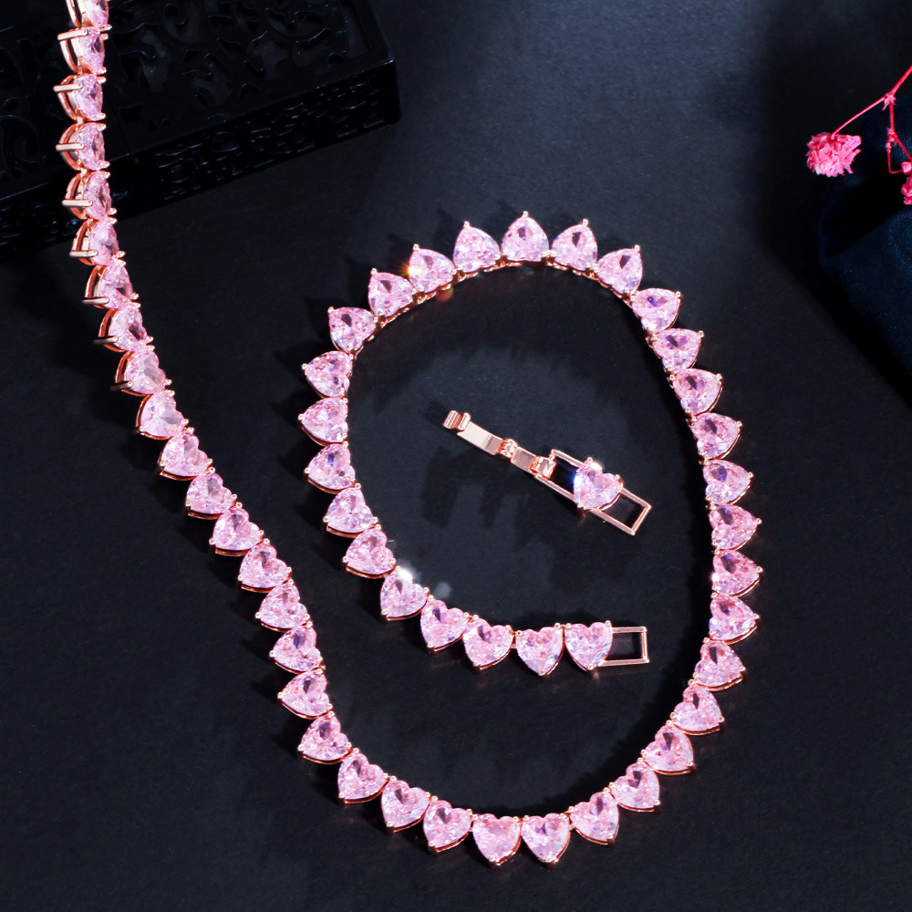 Gold-Plated Pink Moissanite Heart Pendant Necklace for Women, Beach Party Jewelry Gift with 5A Cubic Zirconia b4c2