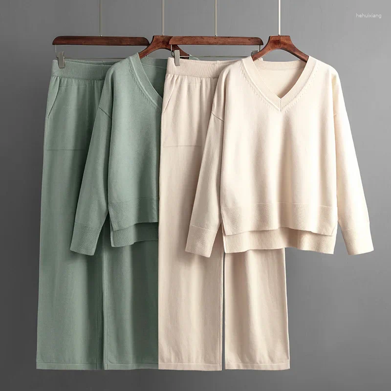 Womens Two Piece Pants Fashion Split Pullover Set Women Tracuits Autumn Loose Sweater Pocket Wide Leg 2 Sets Winter Cloth