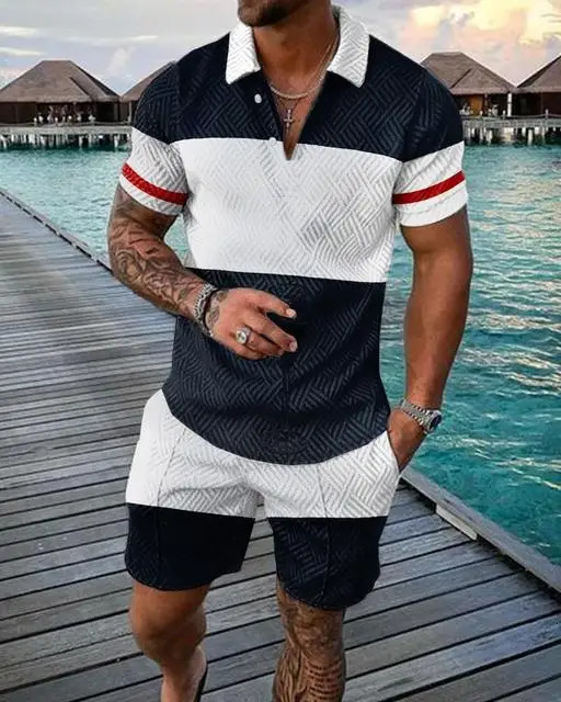 Simple Color Pattern Print Mens Tracksuit Summer Casual Zipper Collar Polo Shirt And Shorts 2pcs Sets Trend Clothing Streetwear 240315