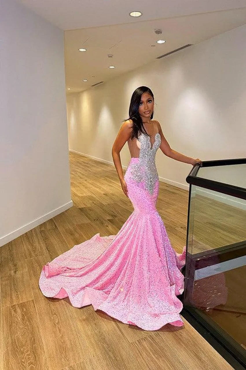 New Arabic Dubai Pink Prom Dresses Sexy Sheer Jewel Neck Mermaid Sequins Beads Long Evening Gowns Vestidos De Bal For Black Girls Bc18393