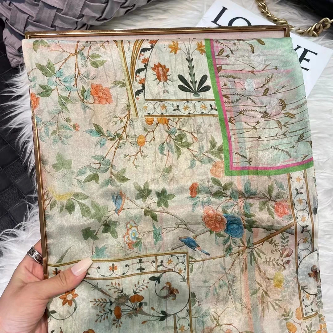 BYSIFA| Light Green Silk Scarf Ladies Fashion Spring Summer Floral Beach Scarves Shawls Fall Winter Long Scarves Wraps 180*110cm 240314