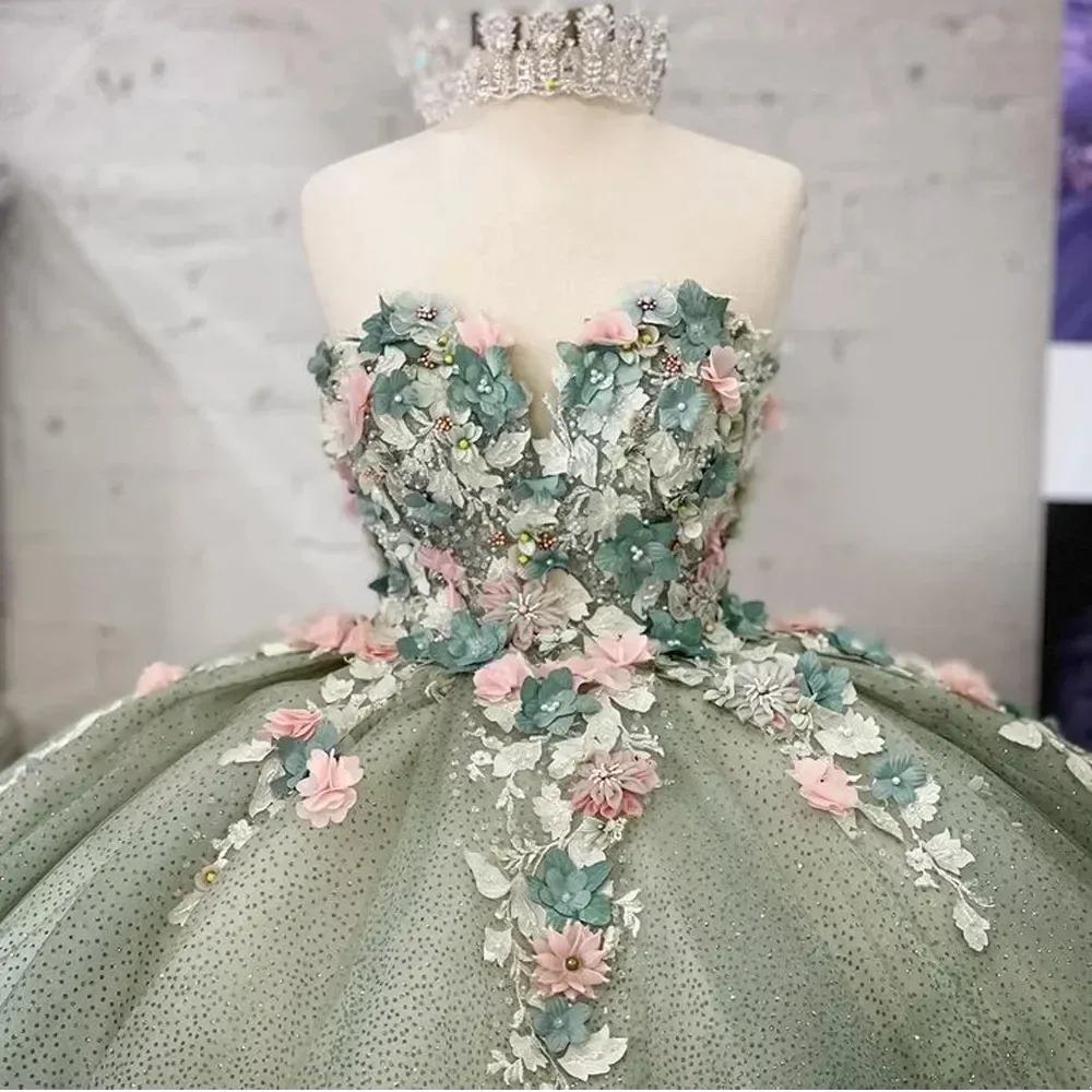 Light Green Handmade Flowers Quinceanera Dresses Ball Gown Sweetheart Sleeveless Appliques Corset For Sweet Girls Party