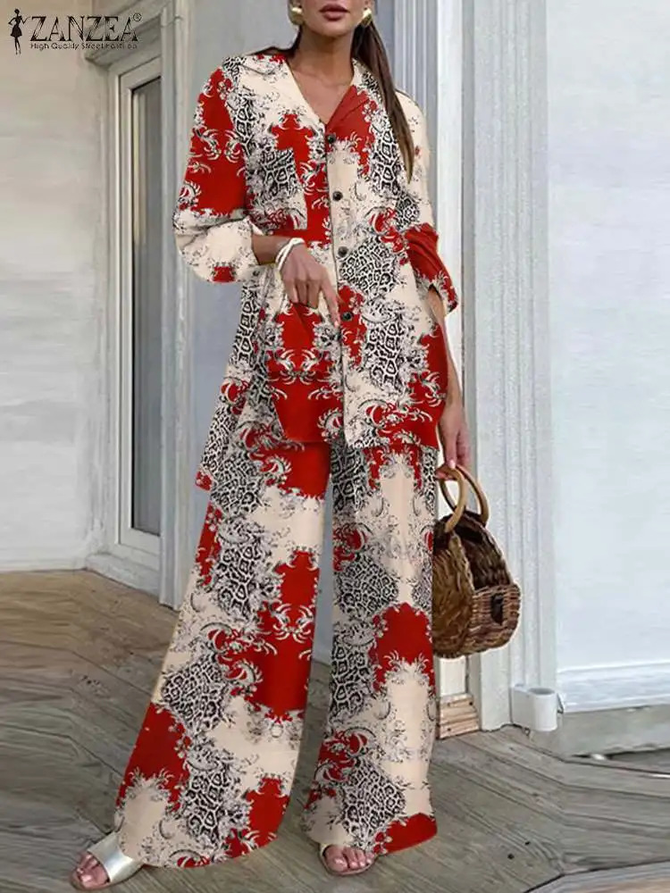 ZANZEA Printing Wide Leg Trousers Outfits Women Fashion Top and Pant 2pcs Pant Sets Long Sleeve Long Shirts Casual Tracksuits 240305