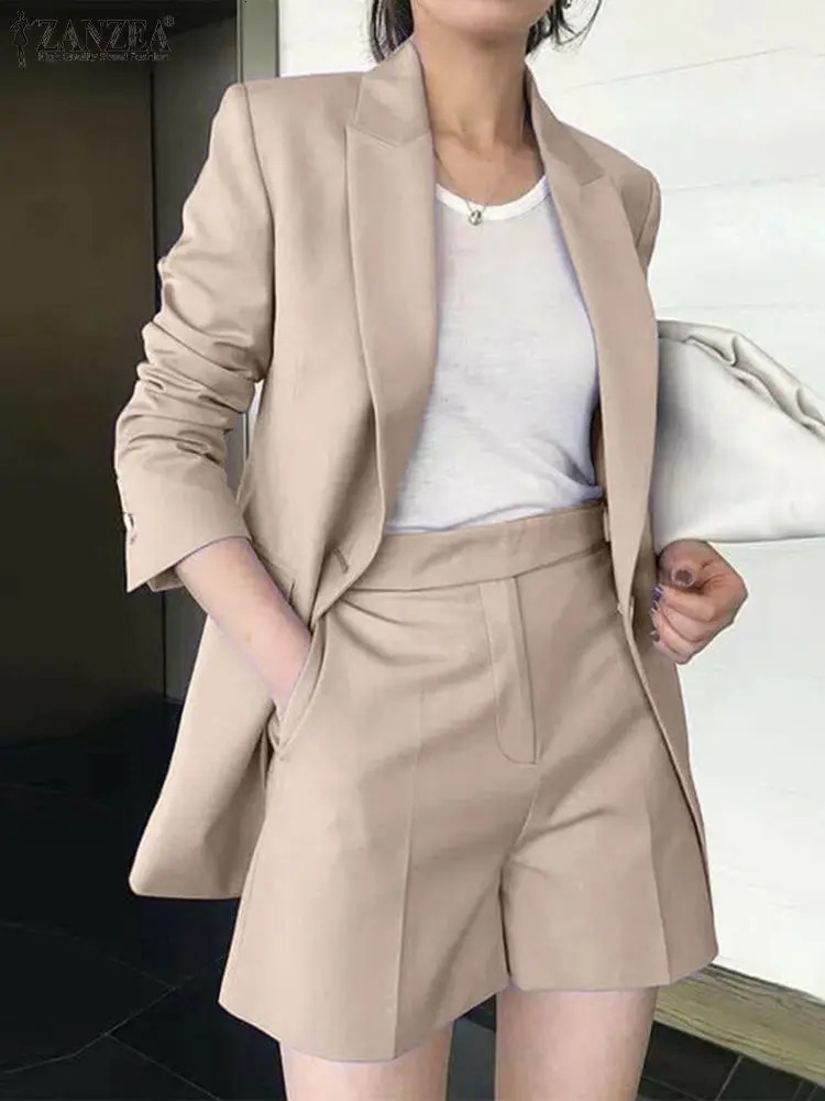 ZANZEA Long Sleeve Blazer And Short Pant Autumn Pure Cotton Short Sets Women Solid Work OL Tracksuits Stylish Elegant Suit 240311