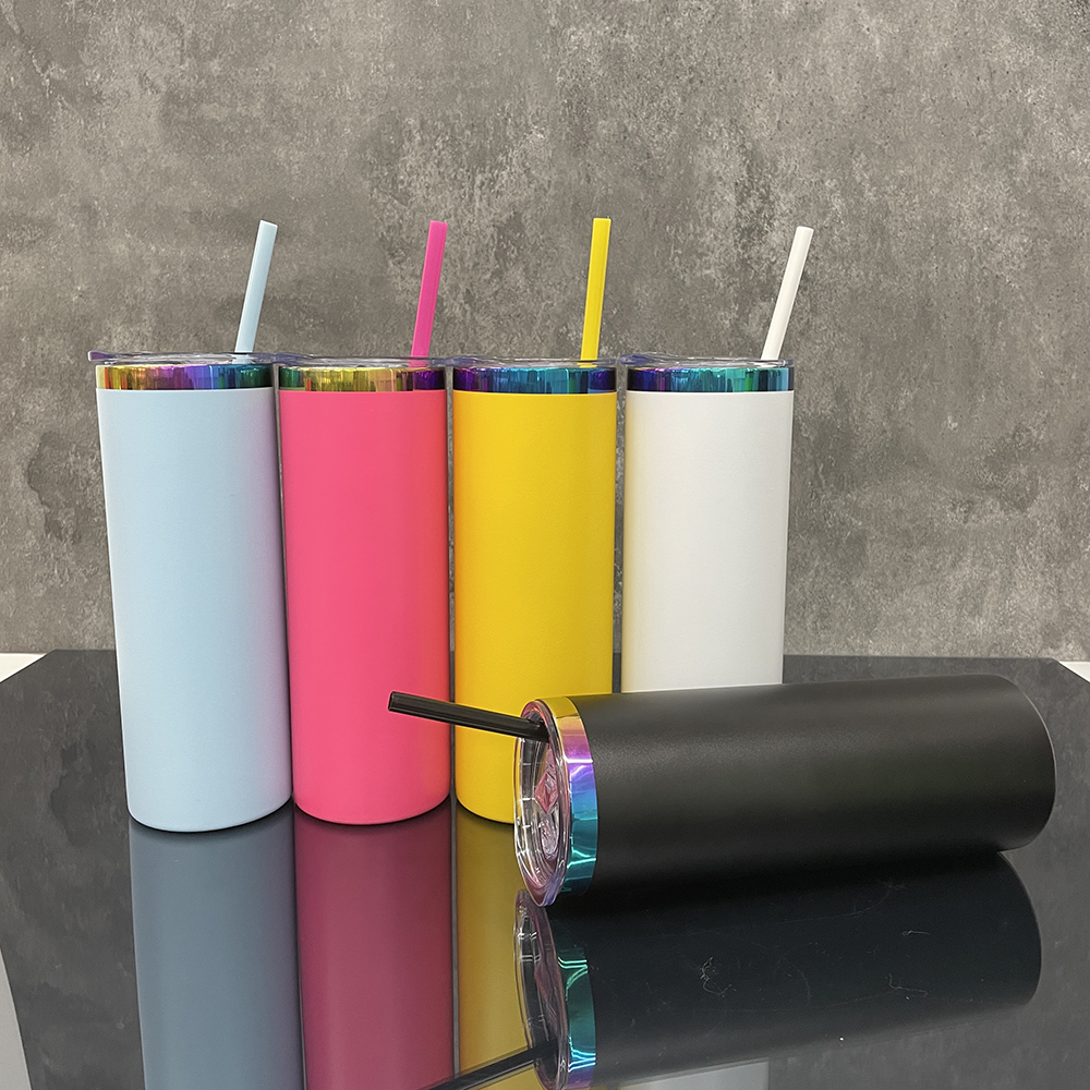 Colorful powder coated mirror rainbow plated underneath 20oz skinny straight stainless steel tumbler with lid and straw for laser engrave,sold by case