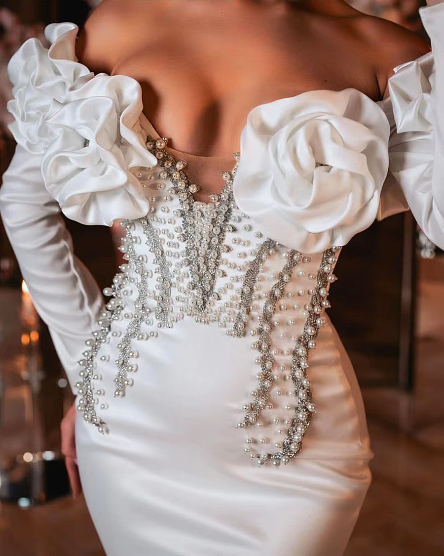Sleeves Sexy Long Mermaid Wedding Dresses Sheer Neck Plus Size Beaded High Gowns Side Split Aso Ebi Women Vestidos De Novia