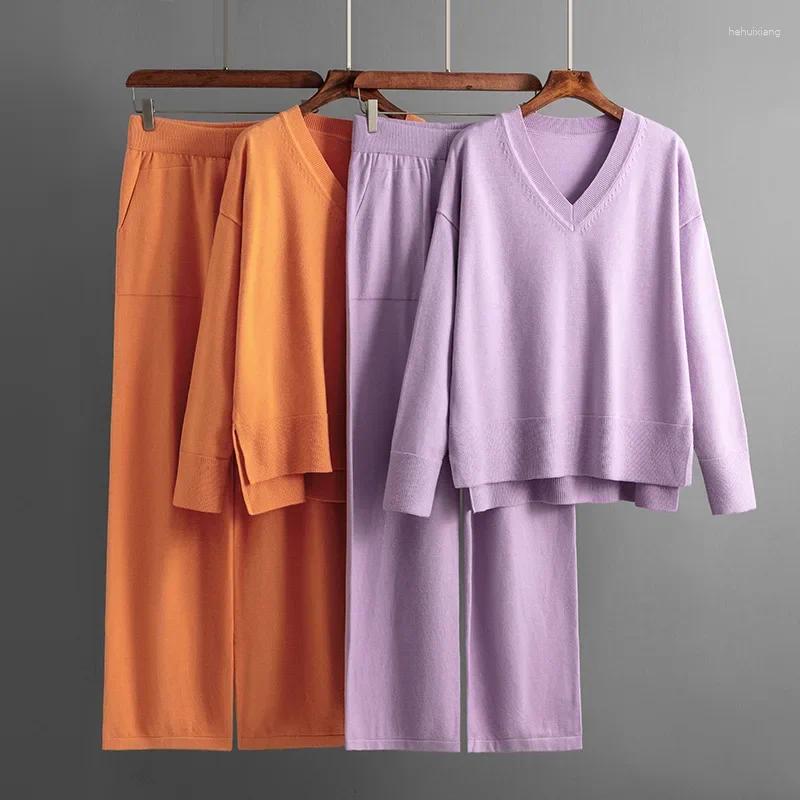 Womens Two Piece Pants Fashion Split Pullover Set Women Tracuits Autumn Loose Sweater Pocket Wide Leg 2 Sets Winter Cloth