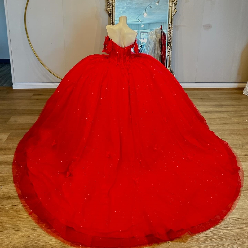 Red Shiny Ball Gown Quinceanera Dresses Off The Shoulder Applique Lace Beads Bow Tull Party Birthday Vestido De 15 Anos Sweet 16 Dress