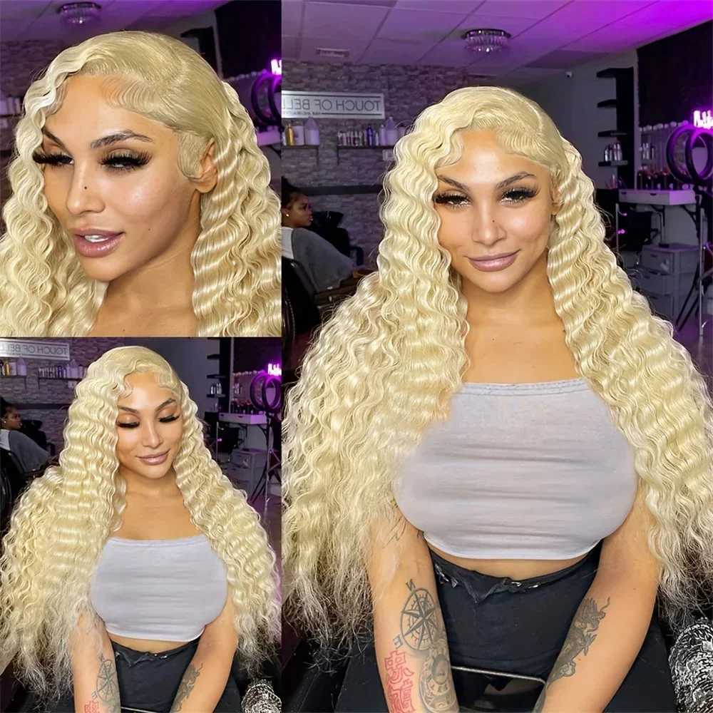 Synthetic Wigs 180 Density 613 Frontal Preplucked Deep Wave Human Hair 13X4 Blonde Lace Front Wig For Women 240328 240327