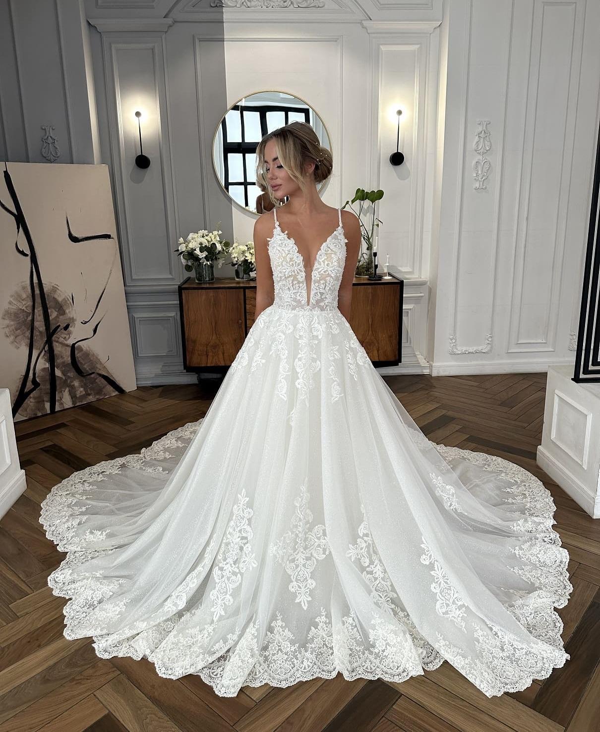 Elegant Sparkly Lace Deep V Neck Spaghetti Straps A-Line Wedding Dress Beaded Embroidery Appliques Sleeveless Bridal Gowns can be customized