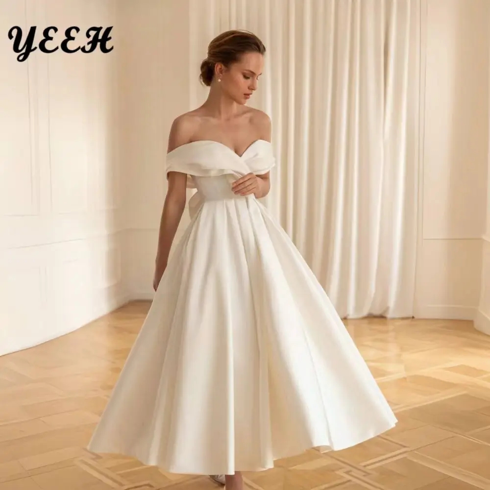 A-line Wedding Adorable Dress Off the Shoulder Strapless Bow Satin Open Back Ankle Length Draped Simple Vestidos De Novia YD