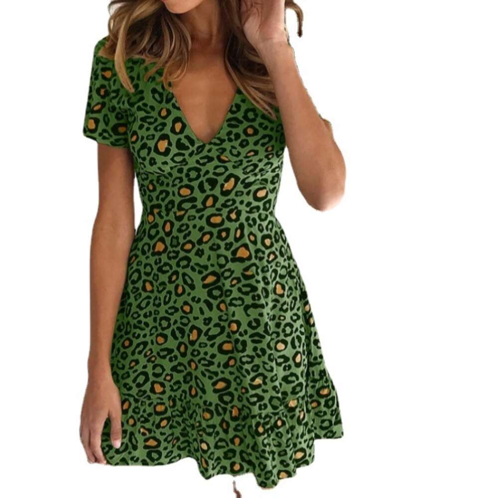 Sexy V-neck High Waisted Short Sleeved Leopard Print Dress for Women