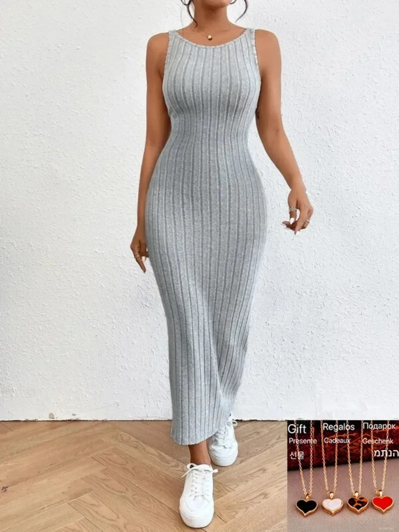 2024 Summer Backless Knit Bodycon Long Dress Elegant Sleeveless O Neck Tank Street Vacation Beach Casual Sundress 240314