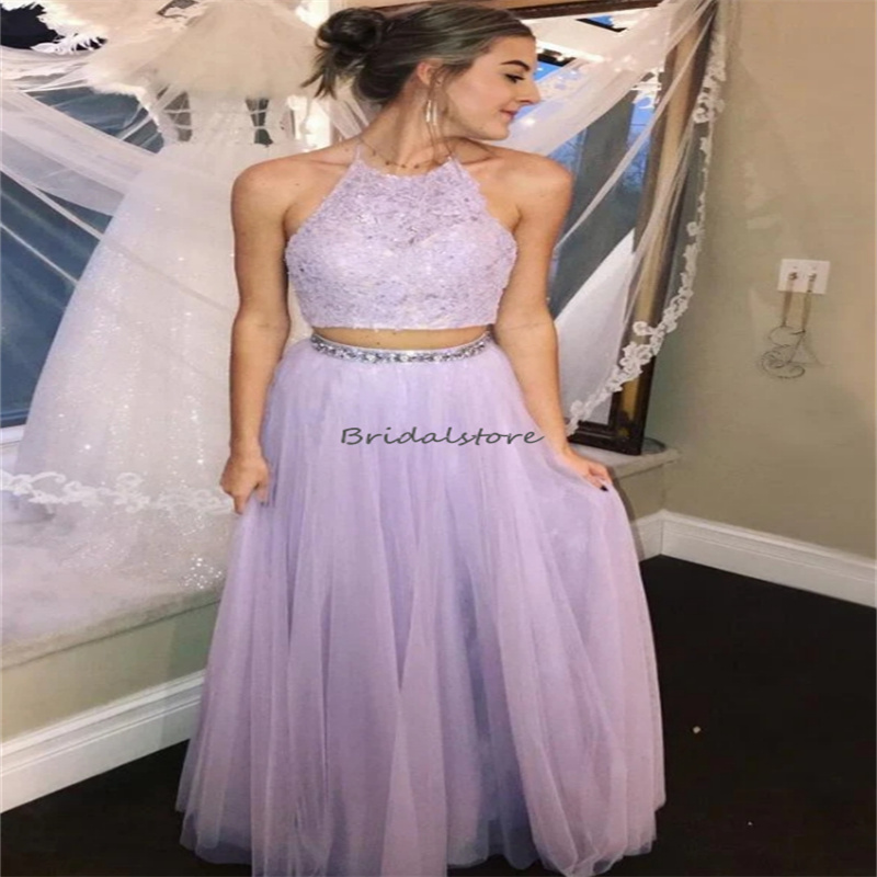 Lilac Two Pieces Prom Dresses 2024 Sexy Halter Backless Boho Lace Evening Dress Elegant Birthday Formal Party Dress Flowy Violet Dress Vestios De Fies