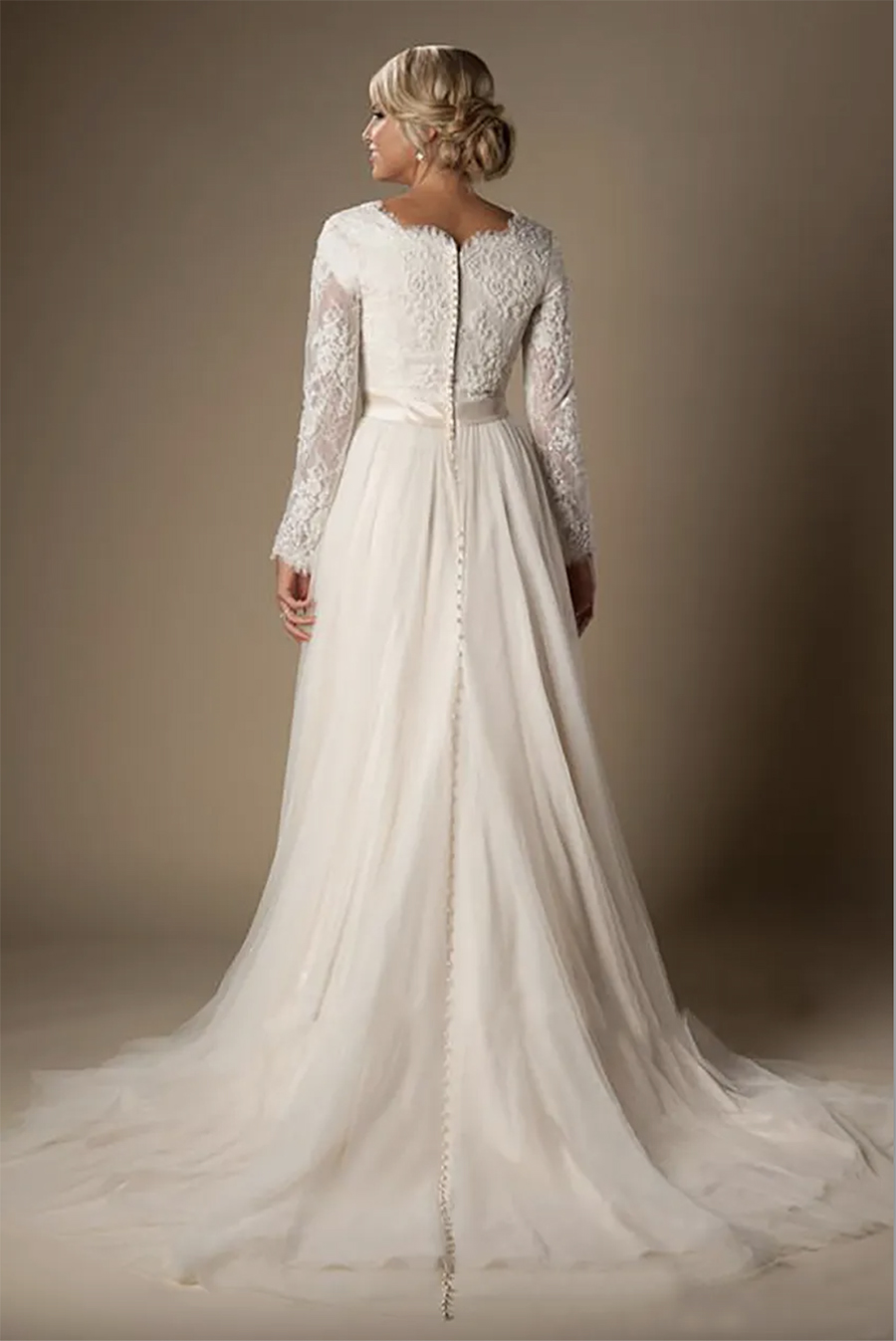 2024 Modest A-line Beaded Lace Wedding Dresses With Long Sleeves Buttons Up Back Chiffon Bridal Gowns Wedding Dress
