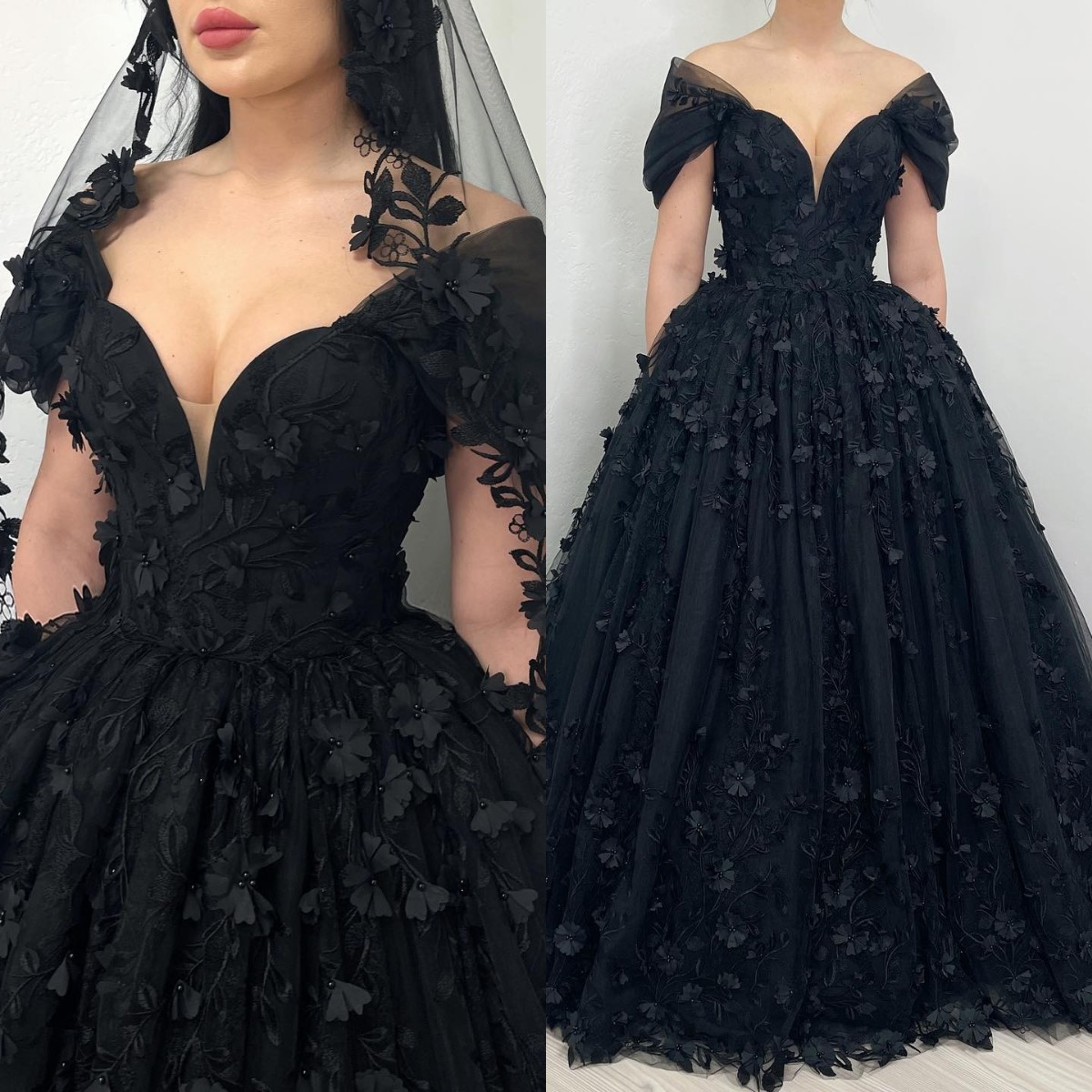 Gorgeous a e gothic off shoulder boho dresses bridal gowns 3d appliques lace up back country black wedding dress