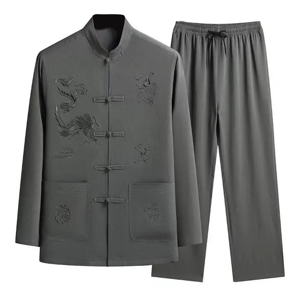 2 PcsSet Men Shirt Pants Set Chinese Tang Suit Loose Elastic Waist Wide Leg Midaged Father Grandfather Top Trousers 240307