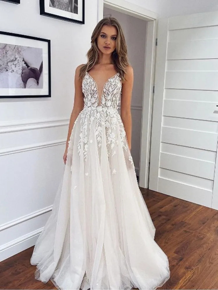 Boho Princess A-line Wedding Dress 2024 Spaghetti Straps V Neck Appliques Lace Tulle Bride Formal Gowns Vestidos De Novias Robe De Mariage