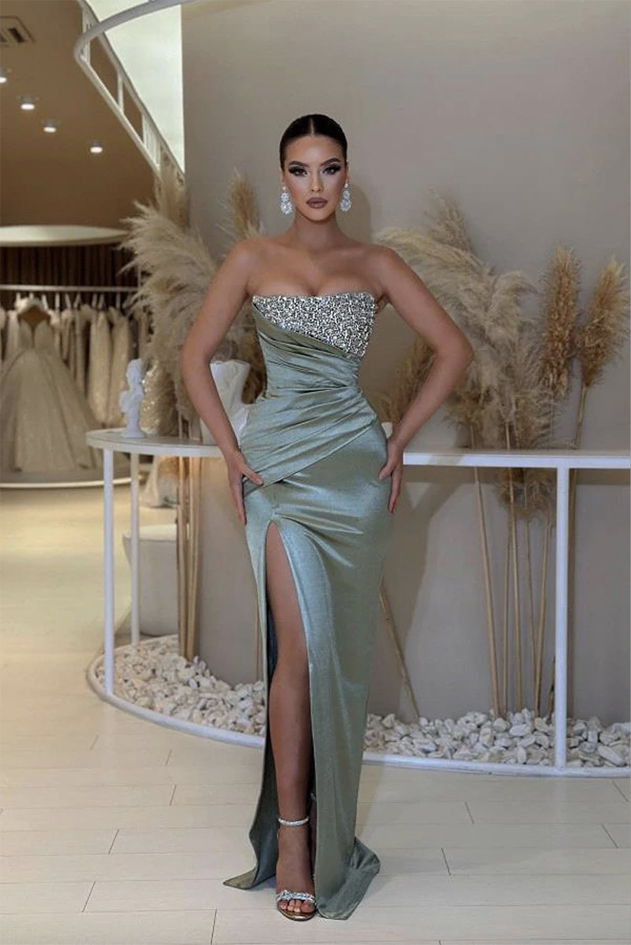 Elegant Women Beaded Evening Party Dresses Strapless Sleeveless Satin High Split Ruched Prom Gowns Formal Vestidos 6660306