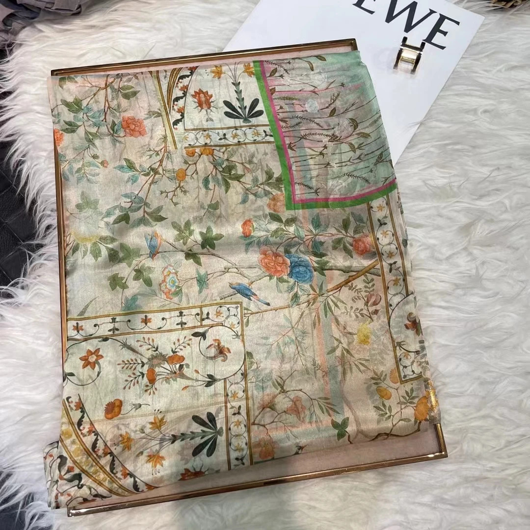 BYSIFA| Light Green Silk Scarf Ladies Fashion Spring Summer Floral Beach Scarves Shawls Fall Winter Long Scarves Wraps 180*110cm 240314