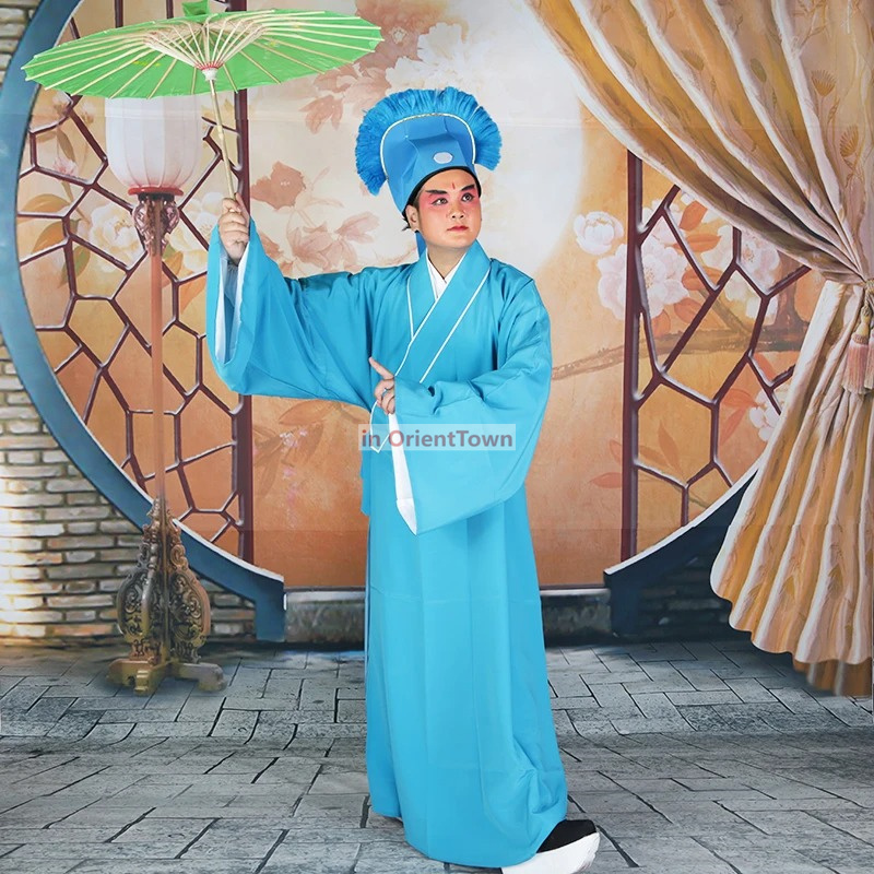 Chinese Operas Outfit Lao Sheng tunic Peking Opera men's Taoist Long gown robe + Hat intellectual Student Clothing In Ancient China