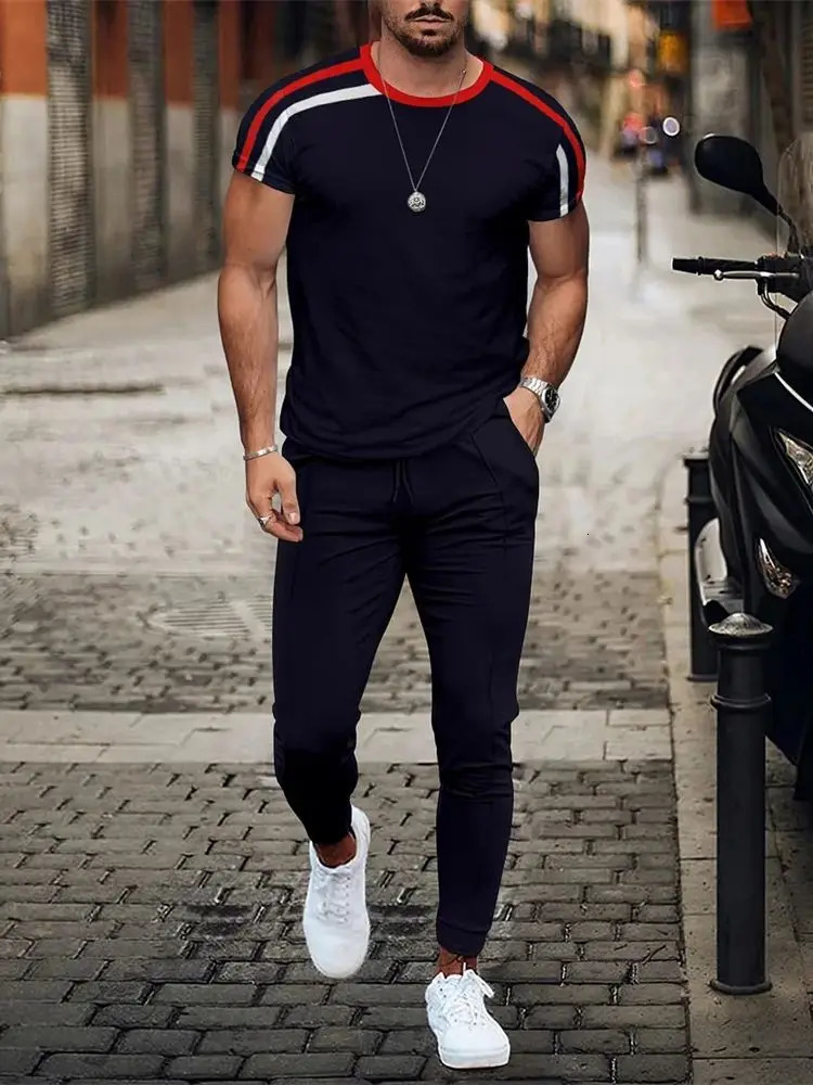 Fashion Men Tops Trousers Tracksuit Sportswear Short Sleeve T Shirt Long Sweatpants Streetwear 2 Piece Sets Clothing 240301