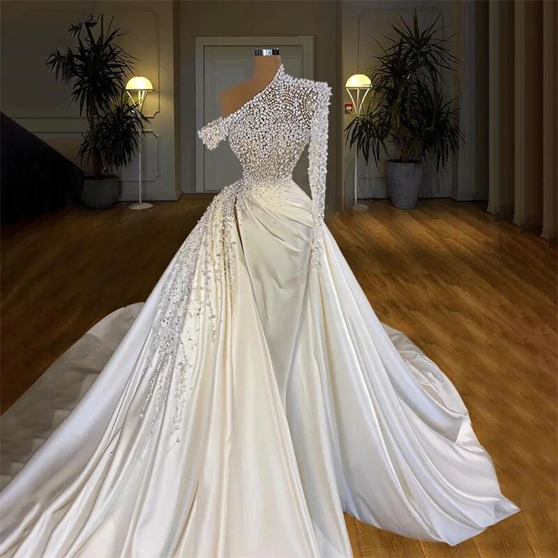 Exquisite Pearls Mermaid Bridal Gowns One Shoulder Wedding Dress Detachable Train Long Sleeve Side Split Custom Made Bride Dresses