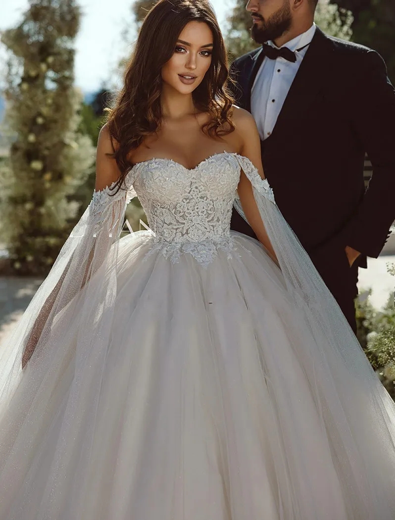 Wedding Princess Dress Cap Sleeves Sweetheart Lace Appliques Women Formal Bride Gown Custom Made Vestidos De Novias