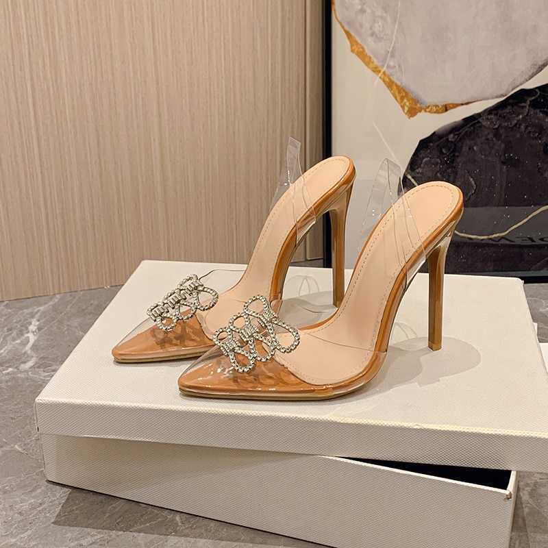 HBP Non-Brand Womens Shoes Pvc Sandals Slingback Transparent Bow Rhinestone Talon Femme Ladies High Heels Flower Tip Transparent High-heeled Sandals B