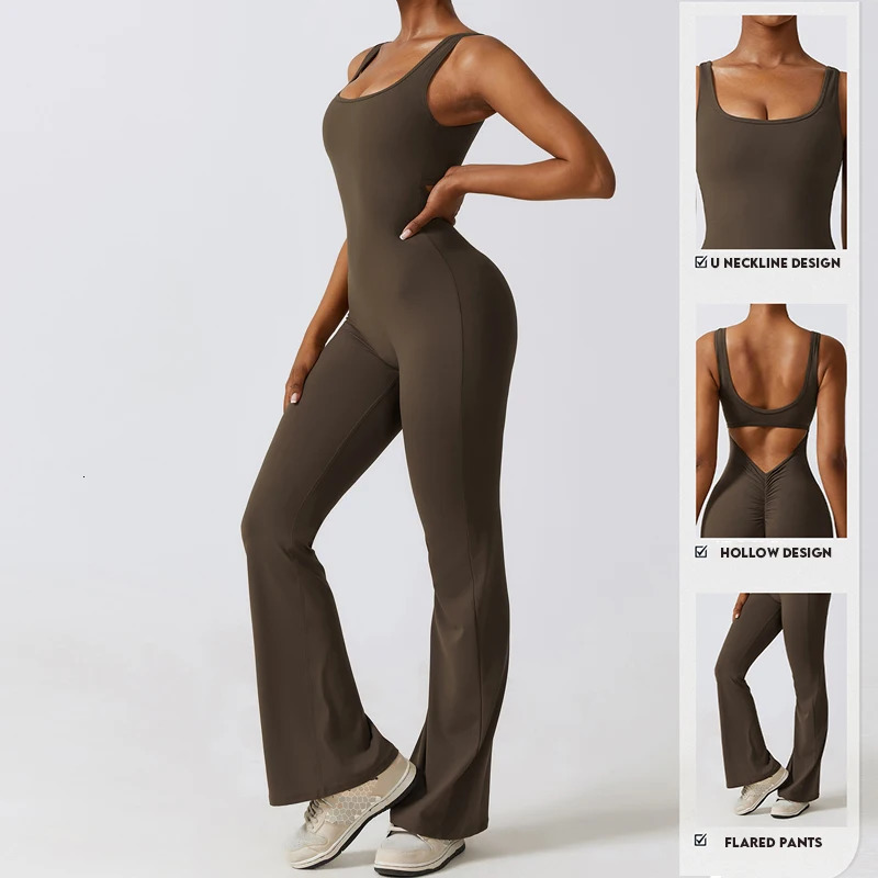 V Back Scrunch Gym Set Women Sport OnePiece Suit Yoga Flared Pants Sports Jumpsuit Fitness Rompers Workout Bodysuits 240307