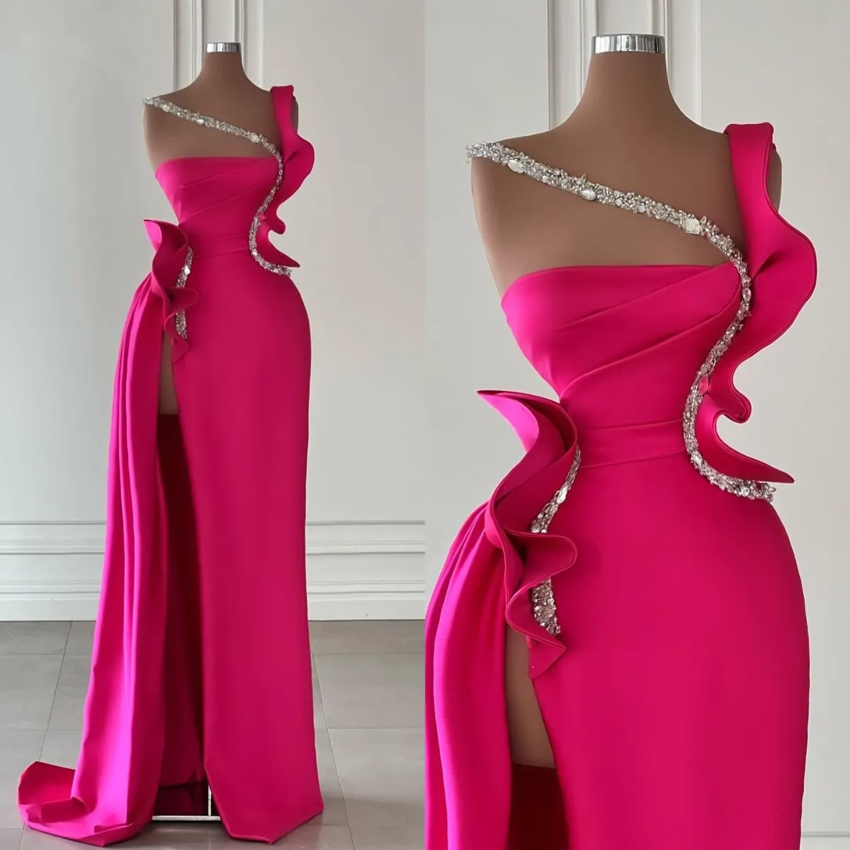 Pink Mermaid Evening Elegant Ruffle Rhies Straps Promdress Beading Satin Dresses for Special Ocns Split Sweep Train Robe De Soiree