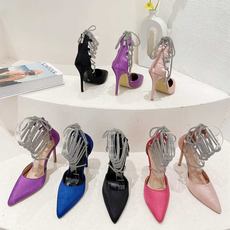 HBP Non-Brand Dress shoes Rhinestone Heels 11CM Strap tip Simulated silk super high heels Rear zipper high top shoes Pointed toe Lace up Stiletto Sand